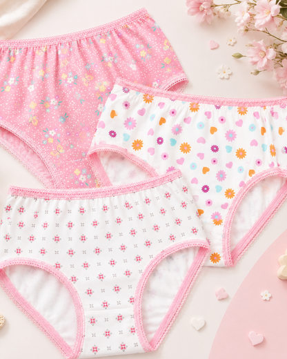 Girls' brief underwear set of 3 with pink trim, floral and dot prints
