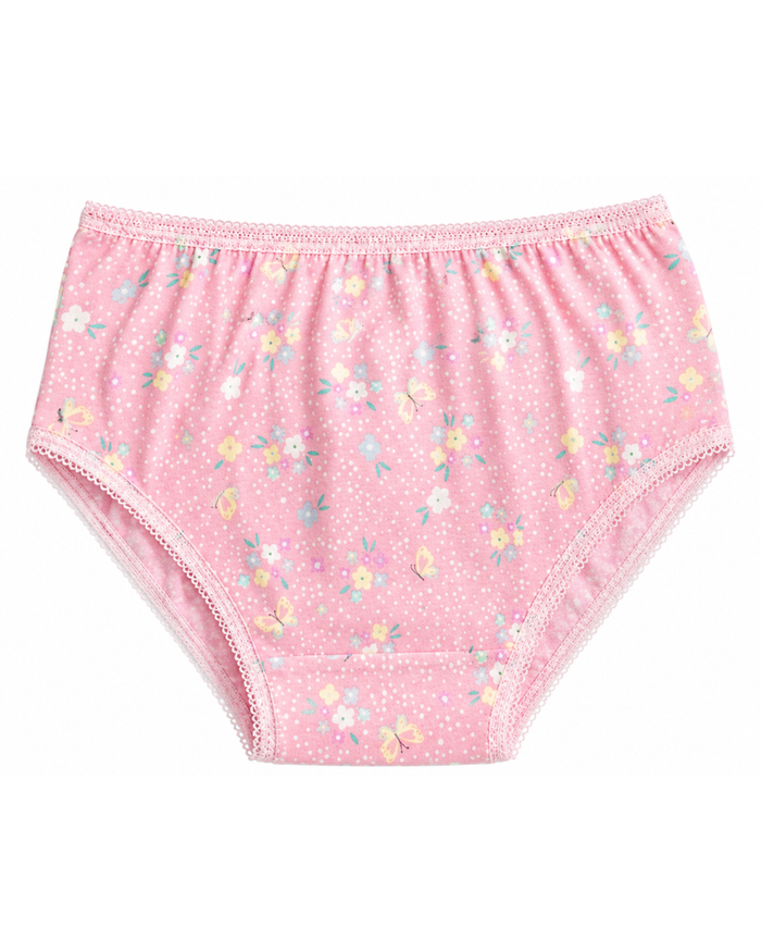 Girls' pink high-waist briefs with pastel flowers and stars print, pink trim