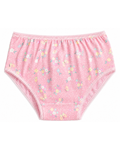 Girls' pink high-waist briefs with pastel flowers and stars print, pink trim