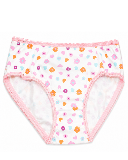 Girls' white briefs with colorful flower and heart print, pink contrast trim