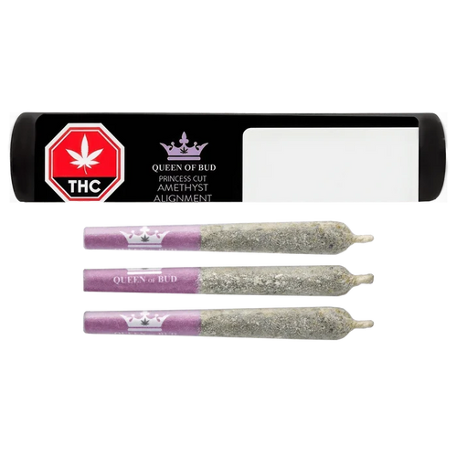Center-aligned product shot of three cannabis joints with purple tips branded "Princess Cut Amethyst Alignment Infused PR 3 x 0.5 g" below a black package label featuring a purple crown and THC emblem.