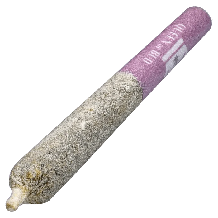 Angled close-up of the frosted, ash-tipped Princess Cut Amethyst Alignment Infused PR 3 x 0.5 g pre-roll with a purple branded filter.