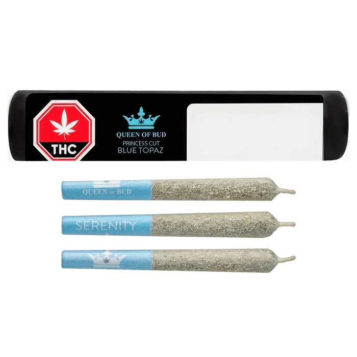 Top-down view of three blue-tipped pre-rolls and a black tray labeled "Princess Cut Blue Topaz Infused PR 3 x 0.5 g"