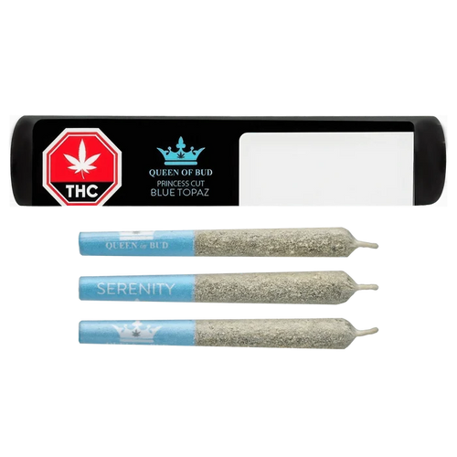 Top-down view of three blue-tipped pre-rolls and a black tray labeled "Princess Cut Blue Topaz Infused PR 3 x 0.5 g"