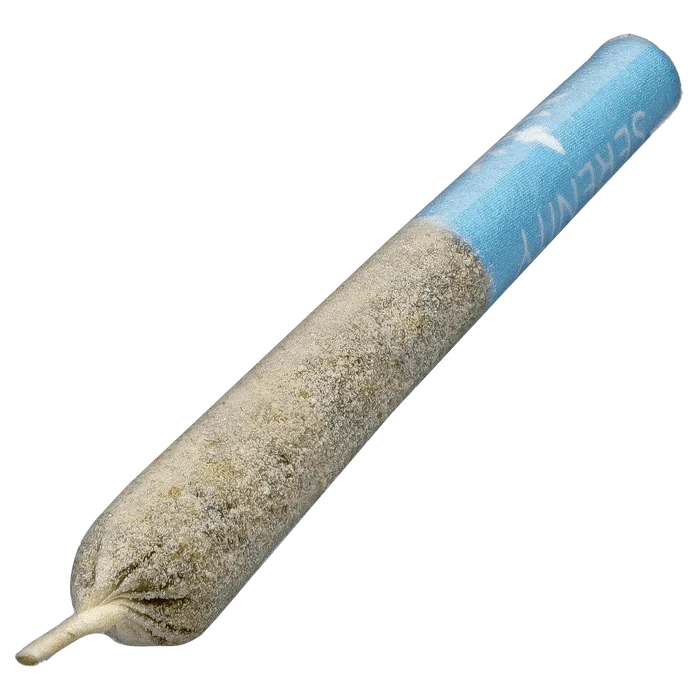 Diagonal close-up of the Princess Cut Blue Topaz Infused PR 3 x 0.5 g pre-rolled joint showing a blue tip and textured, kief-coated body.