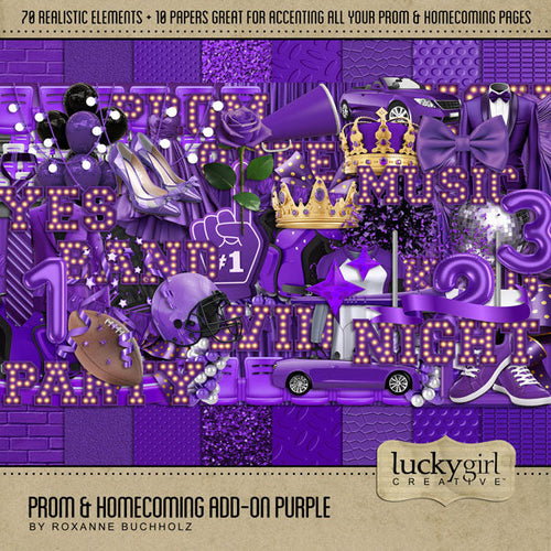 Have fun recalling the memories of your high school prom and homecoming with these realistic digital scrapbooking embellishments by Lucky Girl Creative digital art. Great for school dances, prom, HOCO, football games, parties, and homecoming celebrations, too! If your school colors include blue, pair this collection with the Prom & Homecoming Bundle, and you'll be ready to show off your school spirit!