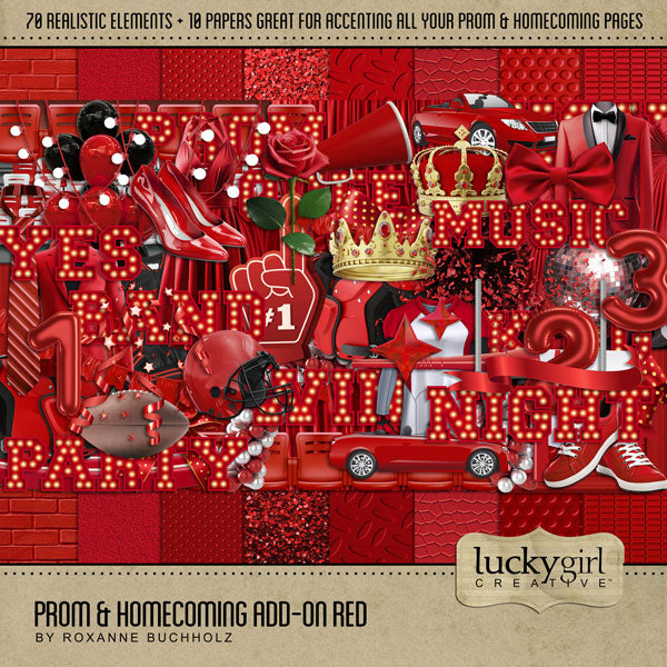 Have fun recalling the memories of your high school prom and homecoming with these realistic digital scrapbooking embellishments by Lucky Girl Creative digital art. Great for school dances, prom, HOCO, football games, parties, and homecoming celebrations, too! If your school colors include blue, pair this collection with the Prom & Homecoming Bundle, and you'll be ready to show off your school spirit!