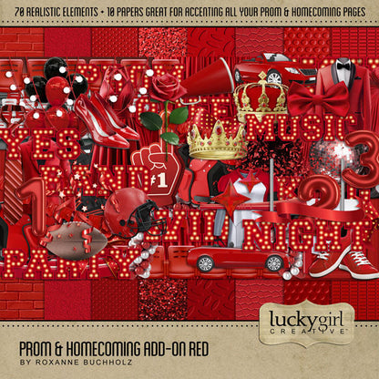 Have fun recalling the memories of your high school prom and homecoming with these realistic digital scrapbooking embellishments by Lucky Girl Creative digital art. Great for school dances, prom, HOCO, football games, parties, and homecoming celebrations, too! If your school colors include blue, pair this collection with the Prom & Homecoming Bundle, and you'll be ready to show off your school spirit!