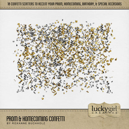 Have fun recalling the memories of your high school prom and homecoming with these digital scrapbooking gold and silver confetti scatter embellishments by Lucky Girl Creative digital art. Great for school dances, birthday parties, anniversary, wedding, and New Year's Eve celebrations, too! Scatters are created from glitter, confetti, and party streamers.