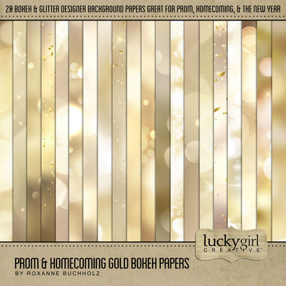 Have fun reliving your favorite party memories with these digital scrapbooking background papers by Lucky Girl Creative digital art designed with gold bokeh lights. Great for school dances, birthday parties, prom, theater shows, music concerts, homecoming, and even New Year's Eve celebrations! The Prom & Homecoming Black Bokeh Papers is included in the Prom & Homecoming Bundle.