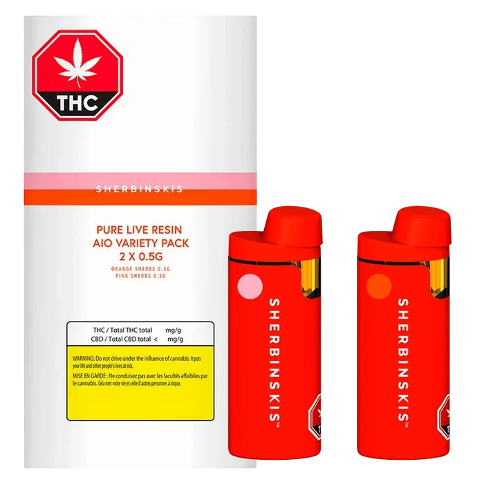 Front view of the Pure Live Resin AIO Variety Pack Disposable Vape showing two red pen-style devices beside white and pink branded packaging.