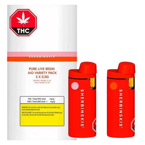 Front view of the Pure Live Resin AIO Variety Pack Disposable Vape showing two red pen-style devices beside white and pink branded packaging.