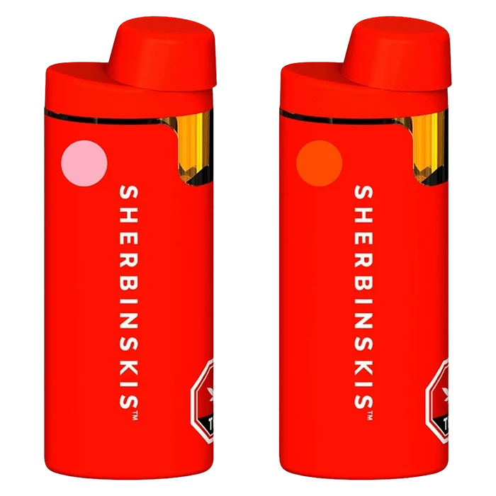 Front-facing view of two red Pure Live Resin AIO Variety Pack Disposable Vape units with vertical "SHERBINSKIS" branding.