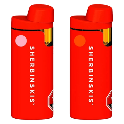 Front-facing view of two red Pure Live Resin AIO Variety Pack Disposable Vape units with vertical "SHERBINSKIS" branding.