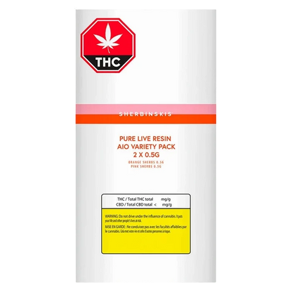Front-facing product shot of the Pure Live Resin AIO Variety Pack Disposable Vape white pouch with red THC octagon and orange-pink branding band.