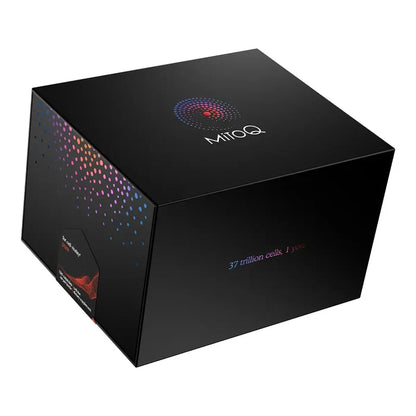 A black MitoQ product box shown at a three-quarter angle on a plain white background.