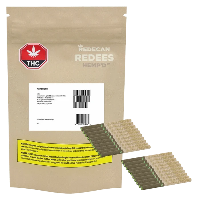 Front-facing shot of a tan pouch and two staggered stacks of brown pre-rolls labeled Purple Churro Redees Hemp'd PR 20 x 0.4 g, on a white background
