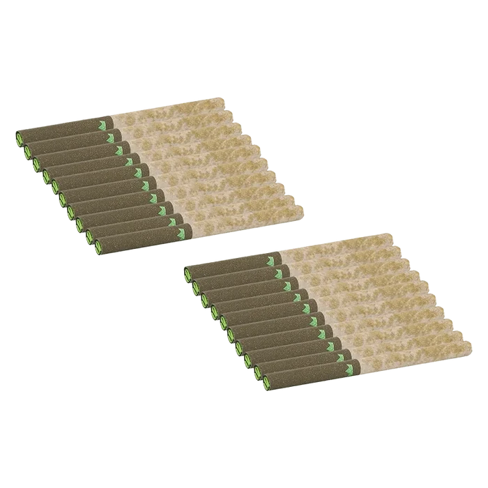 Two diagonal rows of pre-rolled cones with dark brown tips and pale churro-colored paper, labeled Purple Churro Redees Hemp'd PR 20 x 0.4 g.