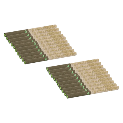 Two diagonal rows of pre-rolled cones with dark brown tips and pale churro-colored paper, labeled Purple Churro Redees Hemp'd PR 20 x 0.4 g.
