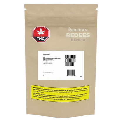 Front view of a beige pouch labeled Purple Churro Redees Hemp'd PR 20 x 0.4 g with a red THC stop-sign logo and a warning panel.