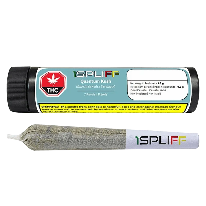 Horizontal product shot of a black tube and a single preroll on white, labeled "1SPLIFF Quantum Kush PR 7 x 0.5 g."