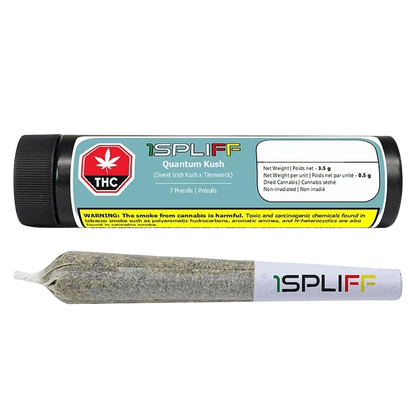 Horizontal product shot of a black tube and a single preroll on white, labeled "1SPLIFF Quantum Kush PR 7 x 0.5 g."