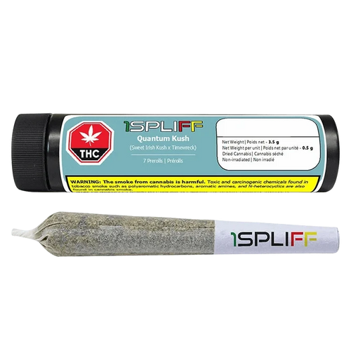 Horizontal product shot of a black tube and a single preroll on white, labeled "1SPLIFF Quantum Kush PR 7 x 0.5 g."