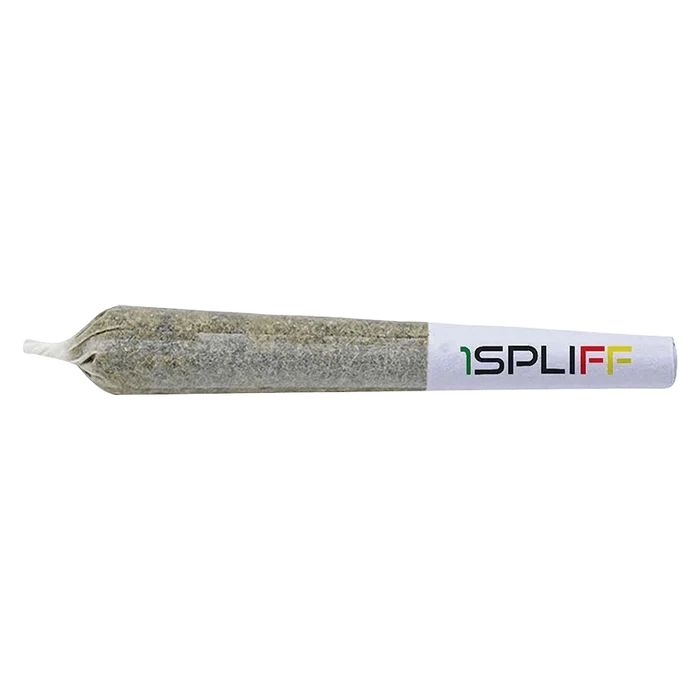 Horizontal close-up of a pre-rolled joint labeled "1SPLIFF" showing the paper tip and packed herb of Quantum Kush PR 7 x 0.5 g