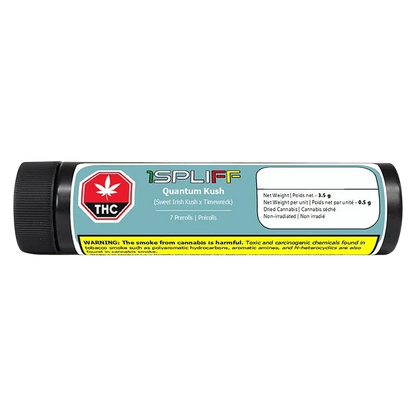 Cylinder-shaped black tube photographed straight-on showing the teal label of 1SPLIFF Quantum Kush PR 7 x 0.5 g with THC symbol and yellow warning strip.