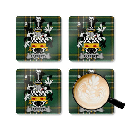 Rafferty Family Crest Green Tartan Pattern Coasters