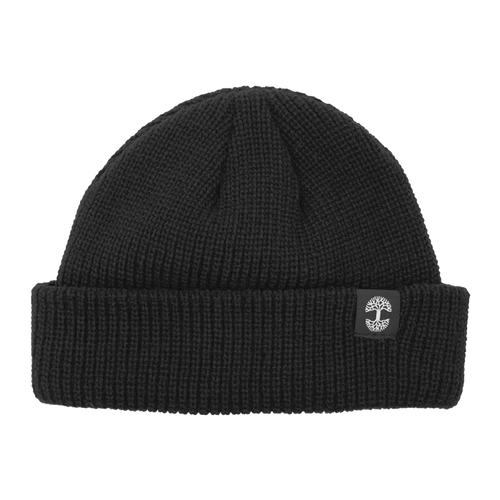 The Ramos Beanie by Oaklandish is a black knit beanie featuring a folded cuff. The cuff showcases an embroidered logo of a white tree inside a gray circular border. Made from woven acrylic, the knit pattern's texture is clearly visible, contributing to its cozy and warm appearance.