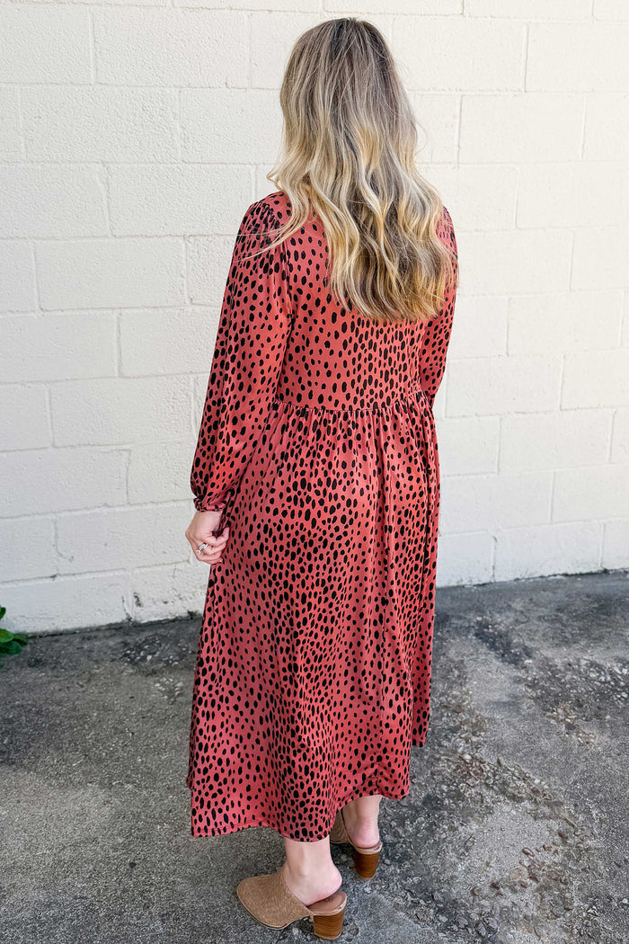 Red Leopard Print Long Sleeve V Neck Plus Size Midi Dress 🇺🇸