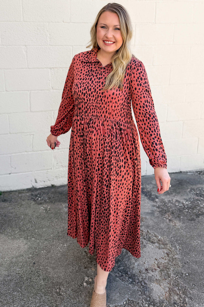Red Leopard Print Long Sleeve V Neck Plus Size Midi Dress 🇺🇸