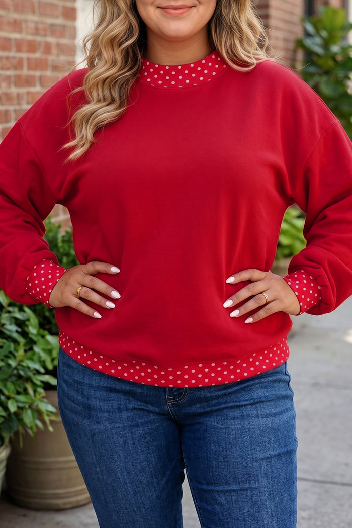 Red Polka Dot Patchwork Round Neck Plus Size Sweatshirt 🇺🇸