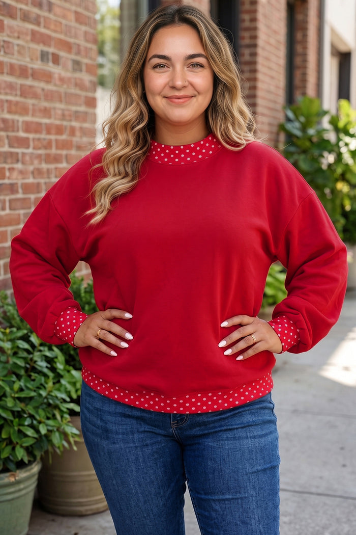 Red Polka Dot Patchwork Round Neck Plus Size Sweatshirt 🇺🇸
