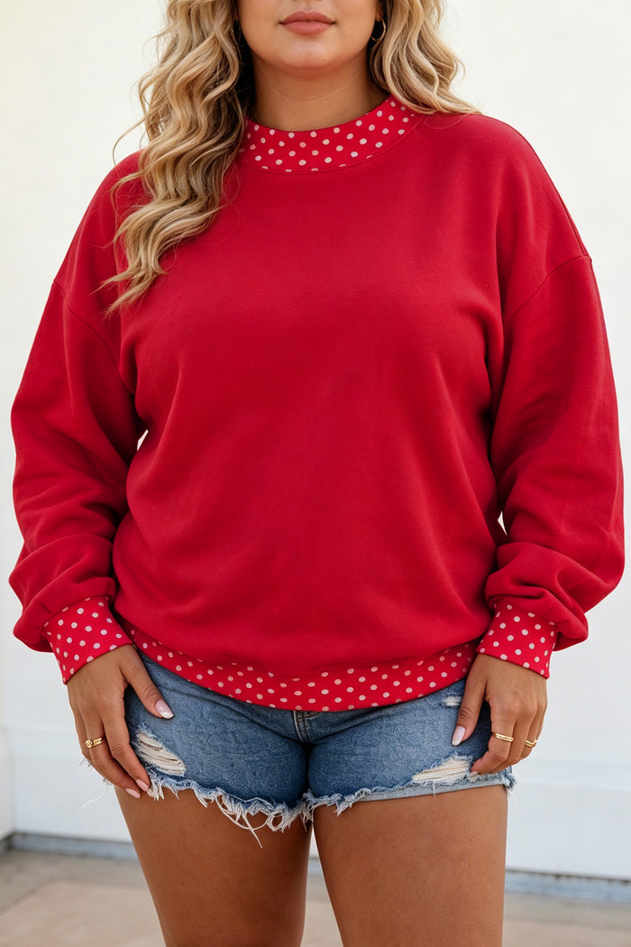 Red Polka Dot Patchwork Round Neck Plus Size Sweatshirt 🇺🇸