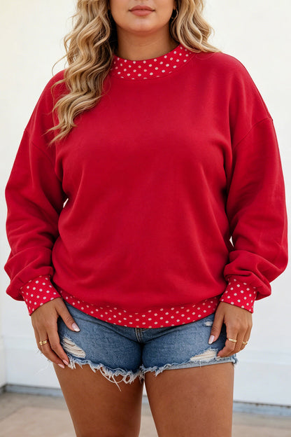 Red Polka Dot Patchwork Round Neck Plus Size Sweatshirt 🇺🇸
