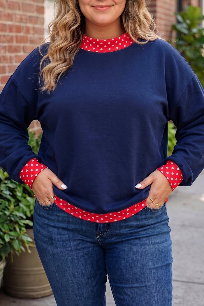 Red Polka Dot Patchwork Round Neck Plus Size Sweatshirt 🇺🇸