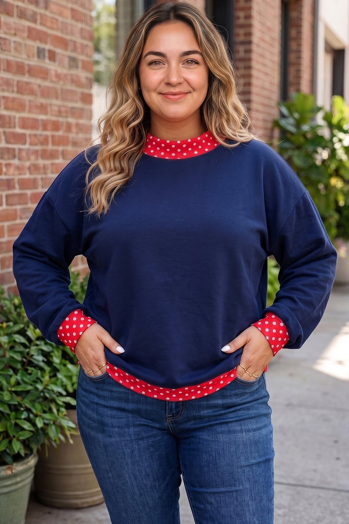 Red Polka Dot Patchwork Round Neck Plus Size Sweatshirt 🇺🇸