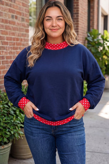 Red Polka Dot Patchwork Round Neck Plus Size Sweatshirt 🇺🇸