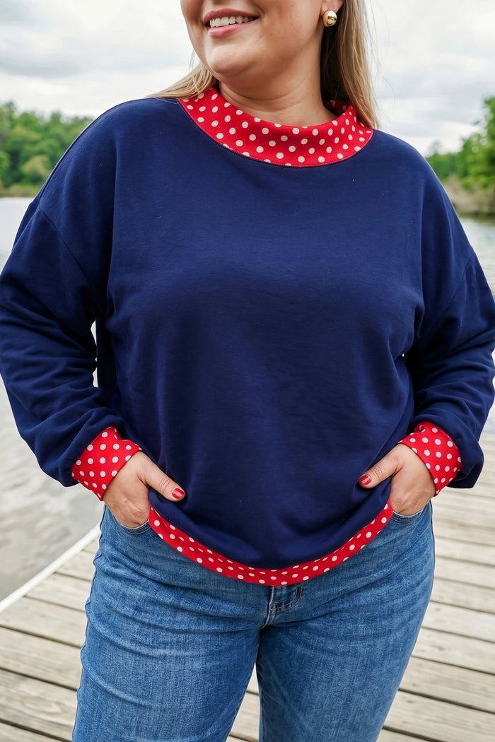 Red Polka Dot Patchwork Round Neck Plus Size Sweatshirt 🇺🇸