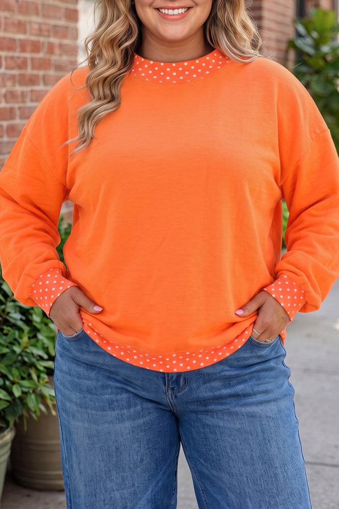 Red Polka Dot Patchwork Round Neck Plus Size Sweatshirt 🇺🇸