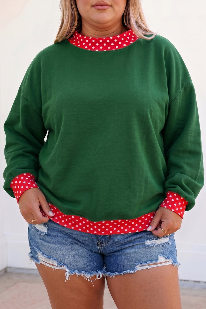 Red Polka Dot Patchwork Round Neck Plus Size Sweatshirt 🇺🇸