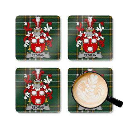 Redman Family Crest and Tartan Plaid Coaster Set