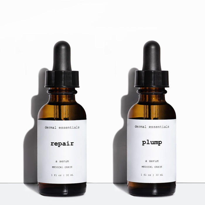 2 amber 1 oz. dropper bottles white label black print anti-aging antioxidant serums dermal essentials skincare