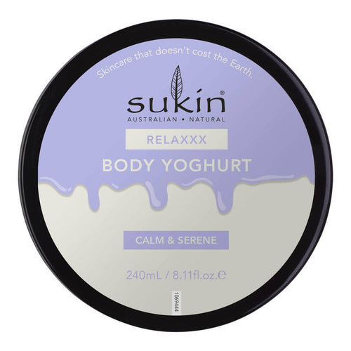 Sukin Body Yoghurt container with purple and black design.