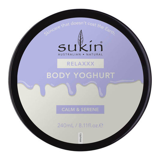 Sukin Body Yoghurt container with purple and black design.