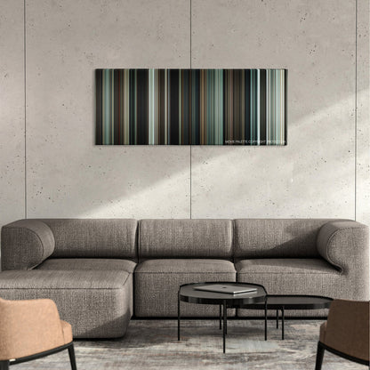 Repo Men color palette canvas on a concrete wall above a gray sectional sofa