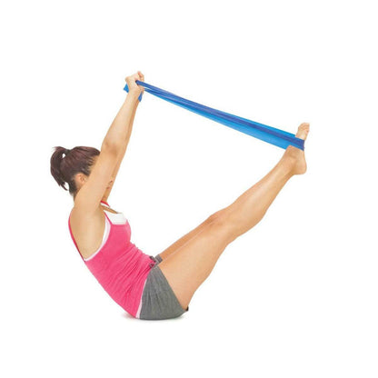 Resistance Exercise Bands Set with three colour-coded bands; blue light resistance exercise band; pink medium resistance exercise band; grey heavy resistance exercise band; latex-free TPE resistance bands laid flat; three resistance bands in light medium and heavy levels; 71 by 5 inch exercise resistance band; resistance exercise bands arranged as a three-piece set