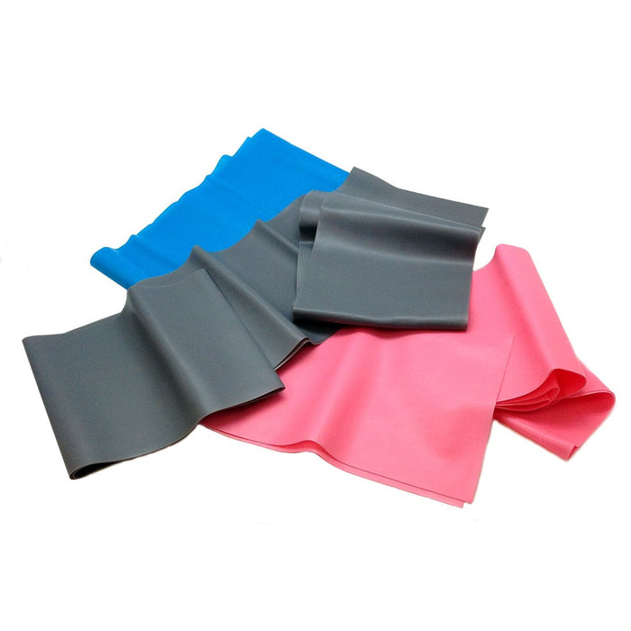 Resistance Exercise Bands Set with three colour-coded bands; blue light resistance exercise band; pink medium resistance exercise band; grey heavy resistance exercise band; latex-free TPE resistance bands laid flat; three resistance bands in light medium and heavy levels; 71 by 5 inch exercise resistance band; resistance exercise bands arranged as a three-piece set